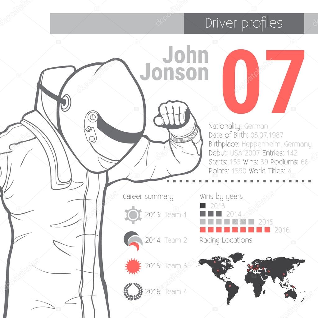 Driver profiles. Racing minimalistic infographic. Vector illustration