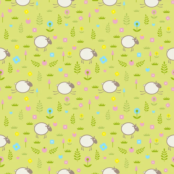 Cute seamless pattern with sheep on a flower field — Stock Vector