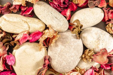 Plaj taşları ve kurumuş çiçeklerden oluşan duvar kağıdı. Zenital bakış açısına sahip fotoğraf ve yatay biçimde çekilmiş..