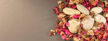 İstediğin metni yazmak için geniş alana sahip kurumuş çiçekler ve kumsal taşlarıyla dolu bir hayat. Zenital bakış açısı ve manzara formatında fotoğraf..