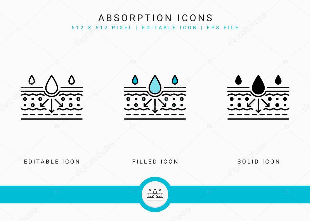 Absorption icons set vector illustration with solid icon line style. Drop water emulsion concept. Editable stroke icon on isolated background for web design, infographic and UI mobile app.