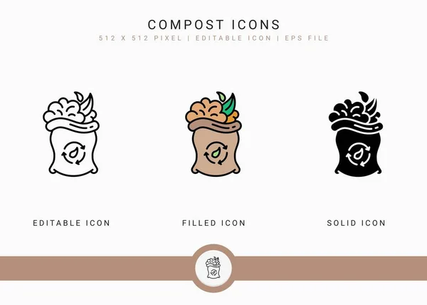 Compost Icons Set Vector Illustration Solid Icon Line Style Bio — Stock Vector