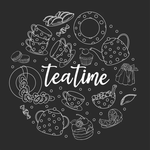 Set de thé et les mots Tea time. — Image vectorielle