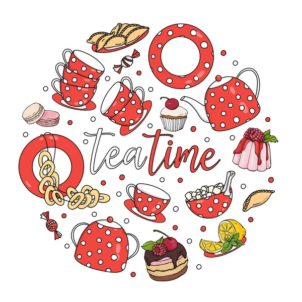 Set de thé, bonbons, pâtisseries et les mots Tea time. — Image vectorielle