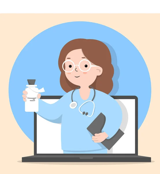 Médecin féminin avec médicaments et ordinateur portable. — Image vectorielle