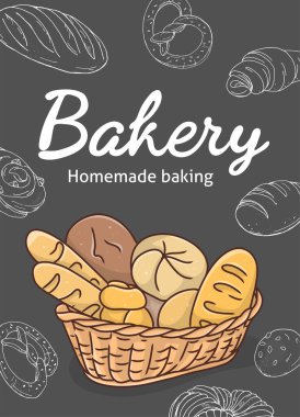 Sepet ve ekmek. Siyah arkaplanda bir fırın posteri.