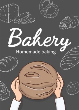 Siyah arka planda ekmeği olan eller. Bir fırın için poster.