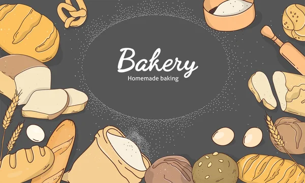 Productos de panadería con espacio para su texto sobre un fondo negro. — Vector de stock