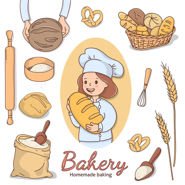 Woman baker with a loaf of bread, various baked goods and baking accessories. — Stock Vector