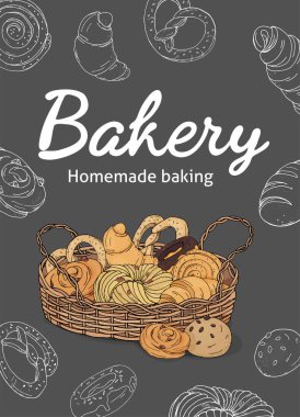 Siyah arka planda tatlı hamur işleri olan bir poster.