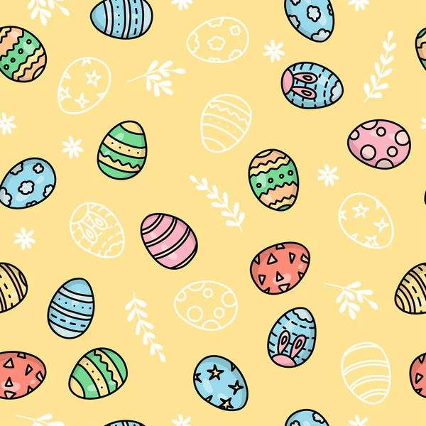 Modèle avec des œufs de Pâques sur un fond jaune. Doodle. — Image vectorielle