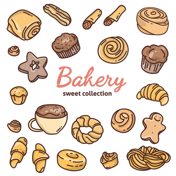 Set with sweet pastries and Bakery lettering. — Stock Vector