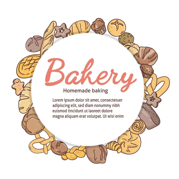 Poster with bakery products are arranged in a circle. — Stock Vector