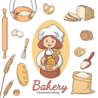 Kadın fırıncı, bir sepet ekmek, malzemeler ve pişirme malzemeleri.. 