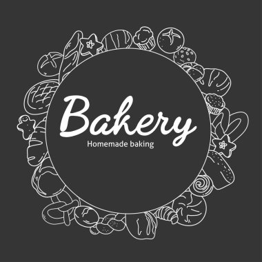 Fırın ürünlerinin olduğu siyah beyaz poster daire şeklinde dizilir..