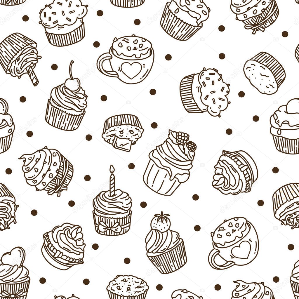 Pattern with doodle-style cupcakes. Dark outline on a white background.