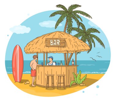 Sahilde bir bar. Yaz tatili. Doodle tarzı.