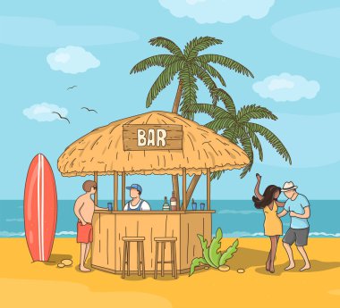 Sahilde bir bar. Yaz tatili. Doodle tarzı.