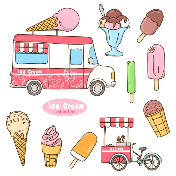 Conjunto de diferentes tipos de helado. Estilo Doodle. — Vector de stock