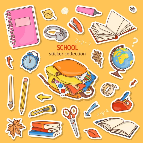 Set of stickers with school stationery. Doodle. — Stock Vector