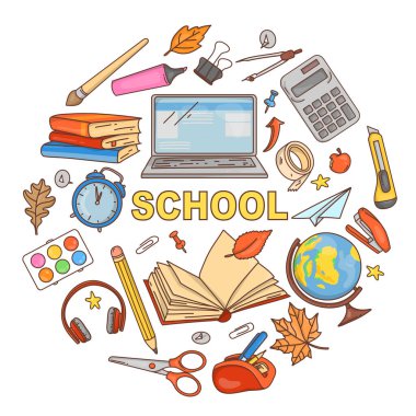 Okul kırtasiyesi bir daire şeklinde düzenlenir. Kelime.