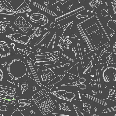 Okul malzemeleriyle desen. Siyah ve beyaz vektör. 