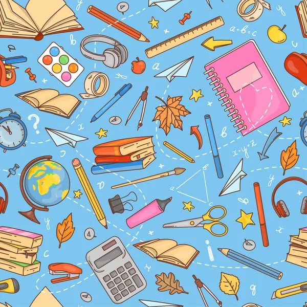 Pattern with school supplies. Doodle style. — 图库矢量图片