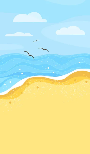 Sea coast. Waves, sand, sky and birds. Vertically. — Stock Vector