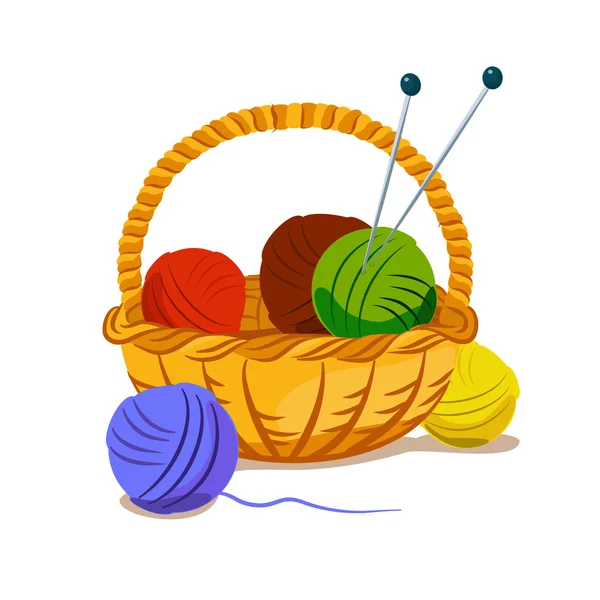 Basket with yarn for knitting — Stock Vector