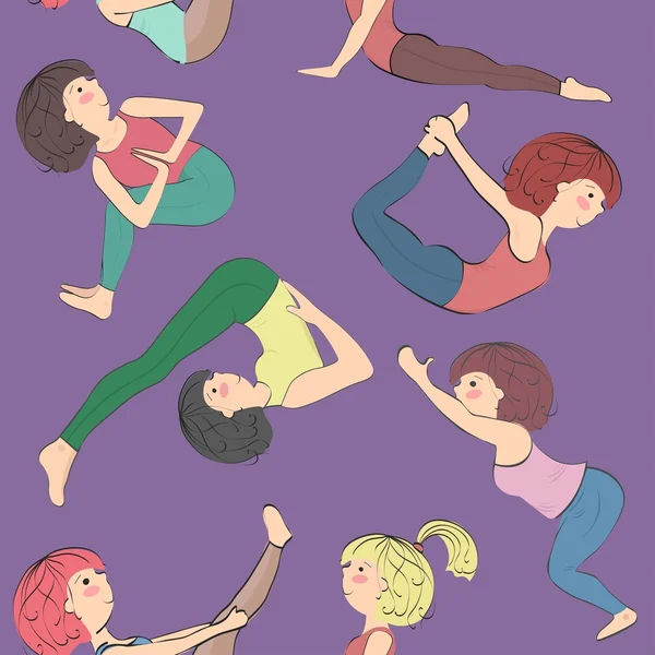 Pattern with girls doing yoga. — Stock Vector