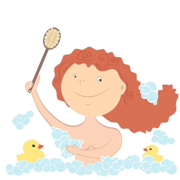 Chica tomando baño con jabón, burbujas y patos amarillos — Vector de stock