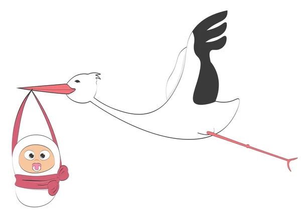 Cicogna porta neonato bambina nel suo becco — Vettoriale Stock