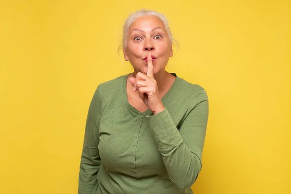 Senior Hispanic Woman Saying Hush Quiet Finger Lips Shhh Gesture — Stock Photo, Image