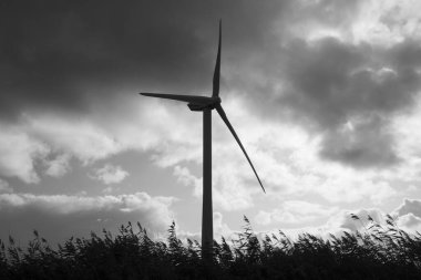 Bulutlu arazide yel değirmeni çimenleri. Modern enerji kaynakları