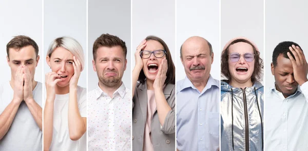 Collage de mujeres y hombres disgustados disgustados frunciendo el ceño como si fueran a llorar, siendo descontentos e infelices. — Foto de Stock