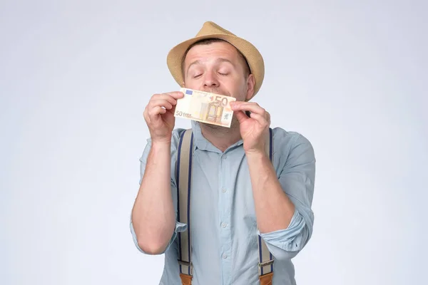 Man got cash money. Richness and wellbeing concept. Get cash money easy and quickly. — Stock Photo, Image