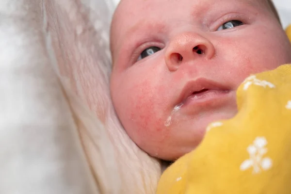 Новорожденная девочка пускает слюни крупным планом на белом фоне — стоковое фото