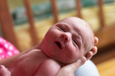 Bebek ilk portresi için poz veriyor.