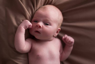 Bebek ilk portresi için poz veriyor.