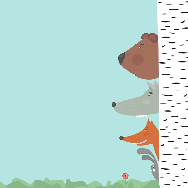 Waldtiere (Hase, Fuchs, Wolf, Bär), die sich hinter einem Baum verstecken und etwas Interessantes betrachten — Stockvektor