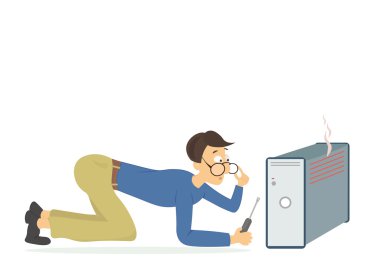 Young computer technician trying to fix a broken computer