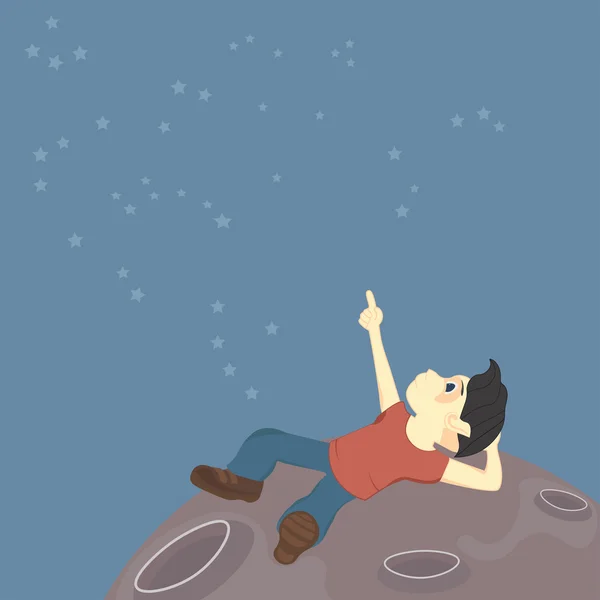 A boy sits on the surface of the moon and explores the constellations in the sky (alien or just a dream) — Stock Vector