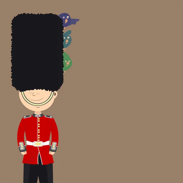 English guard (an Englishman) is on duty. Funny birds sitting in his cap. Background