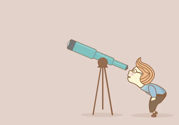 Curious boy, squatting down, looking through a telescope at something interesting — Stock Vector