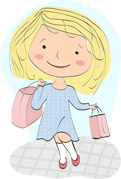 Fiatal lány (shopaholic) hazatér nyereséges vásárlás — Stock Vector