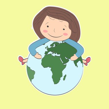 Bir gezegen tutarak ve gülümseyen kahverengi saçlı kız.