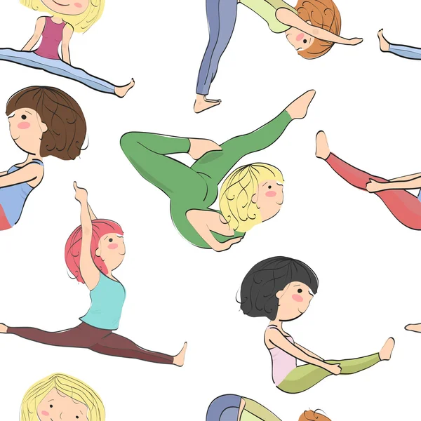 Pattern with girls doing yoga. — Stock Vector