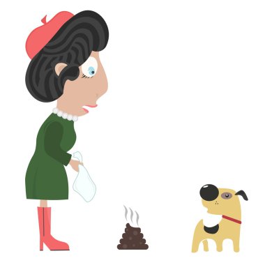 Kadın köpek büyük bok temizler.