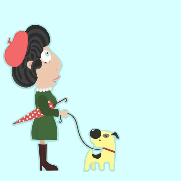 Wanita dengan payung berjalan anjing dalam cuaca yang baik . - Stok Vektor