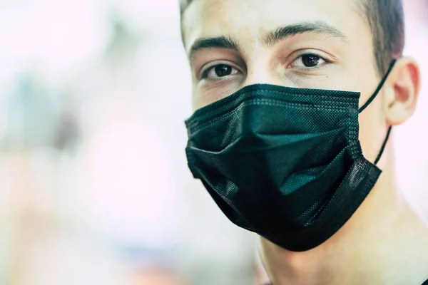Young Caucasian Boy Teenage Years Wear Protection Mask Covid Coronavirus — Stock Photo, Image